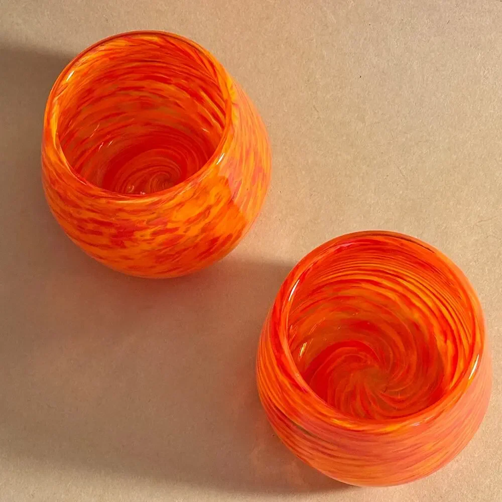Orange Swirl Art Glass Cups Set of 2, Handblown, Halloween Fall Decor